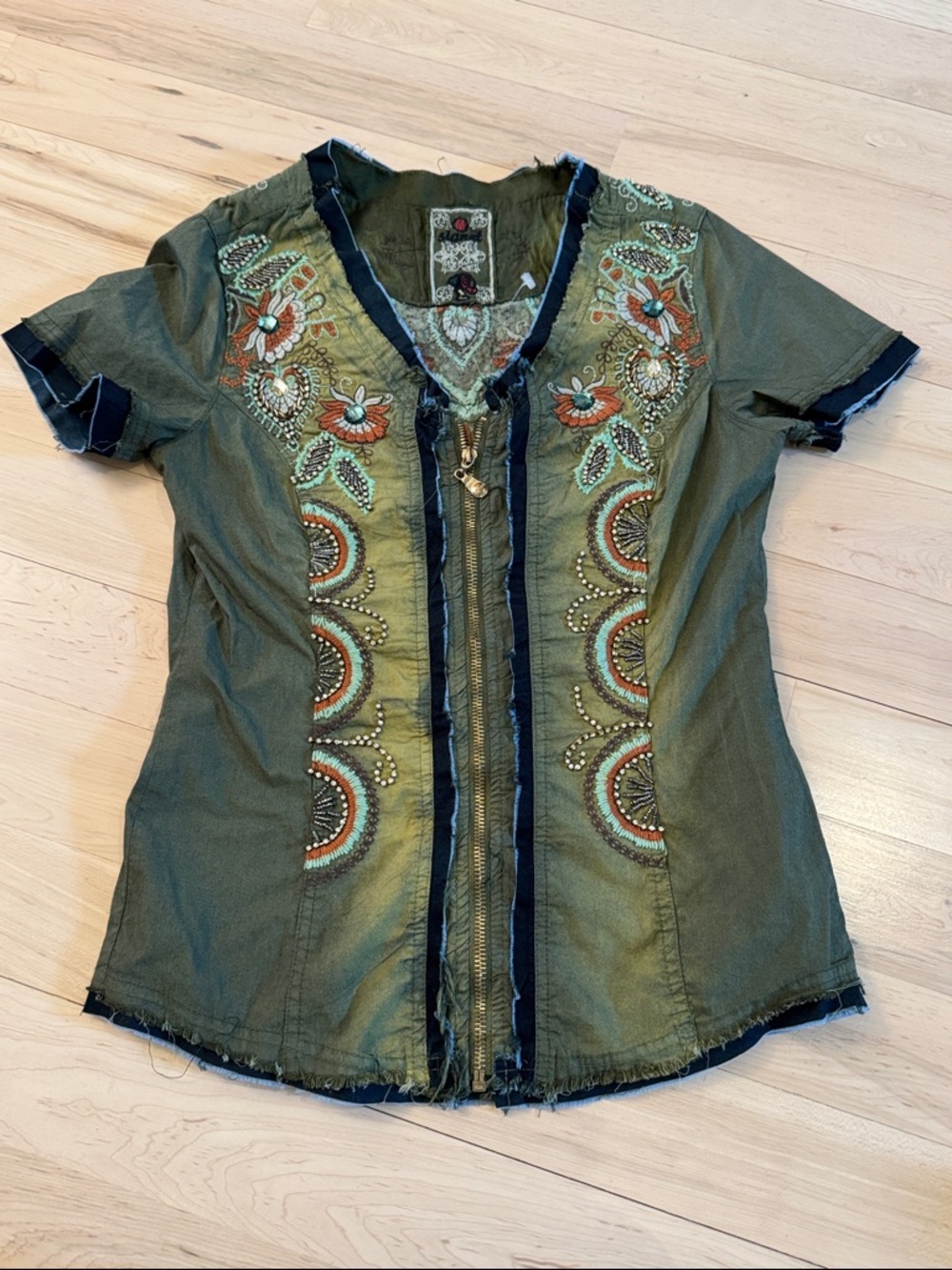 Y2K-Zip Up Beaded Embroidered T-Shirt Top-Floral Feather-Vintage